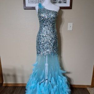 Mac Duggal Turquoise Sequin and Feather Gown